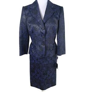 NEW Tahari Size 6 Skirt Suit Jacquard Floral w/ Blazer Navy Blue Black Formal